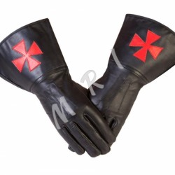 Black leather Gauntlets â€“ Red Templar Cross